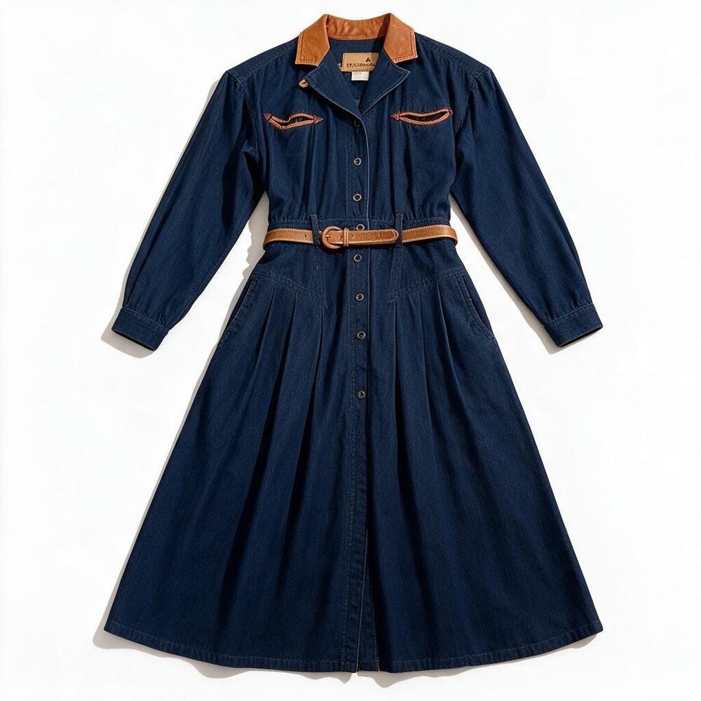 Vintage Liz Claiborne Denim Look Shirt Dress Size 2 Western Belted Midi Chambray - Picture 2 of 9